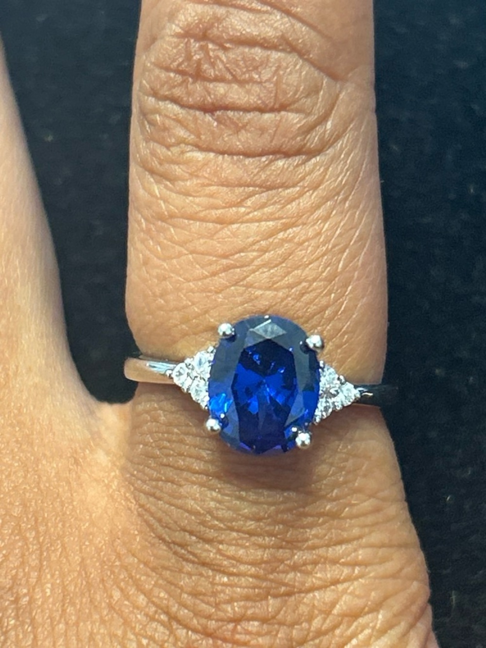 Classic Oval Blue Sapphire-like Three-Stone Ring